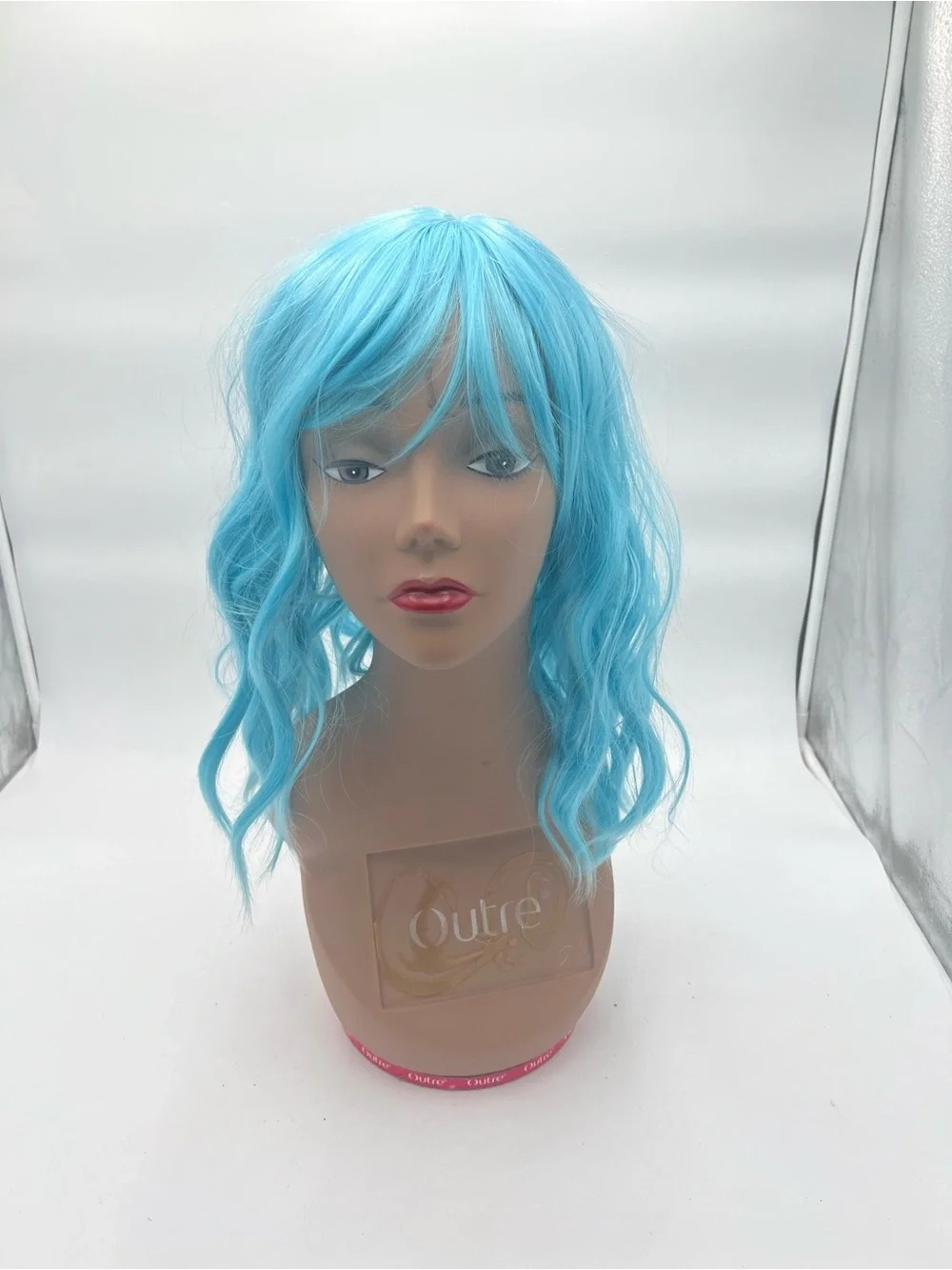 Light Blue Short Curly Wig with Bangs – Synthetic Cosplay/Party Wig